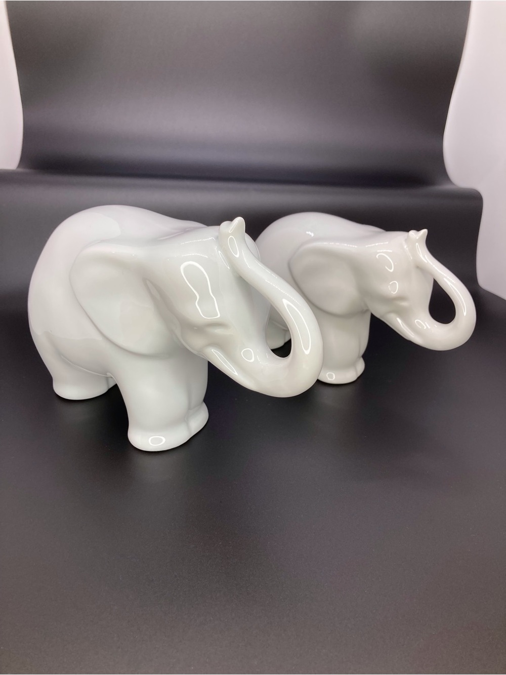 Pair of Vintage Naaman White Porcelain Elephant Figurines Israel MCM